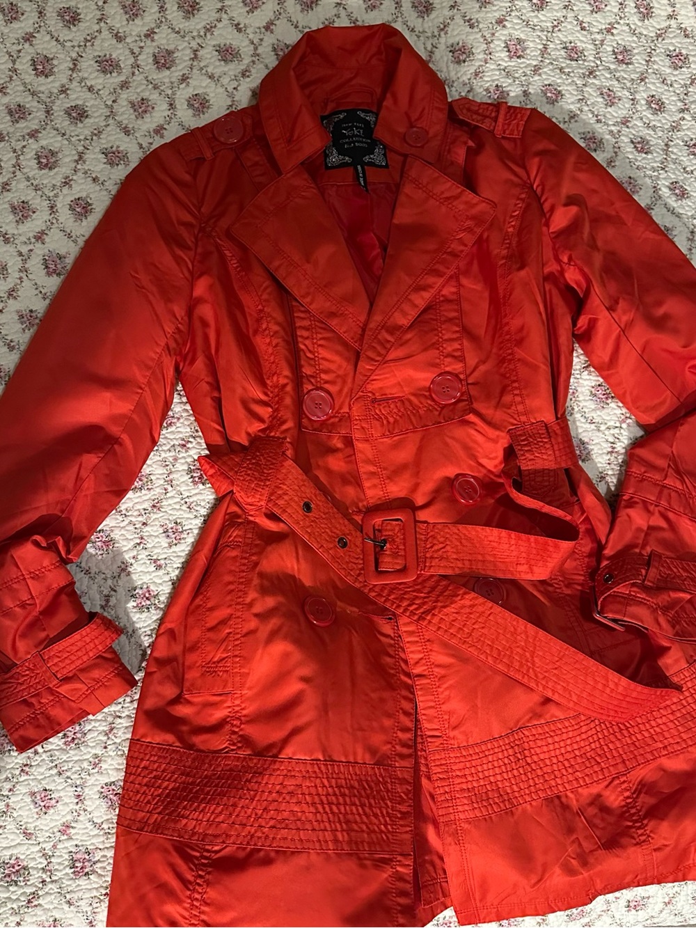 Yoki Vibrant Red Double-Breasted Trench Coat with Belt